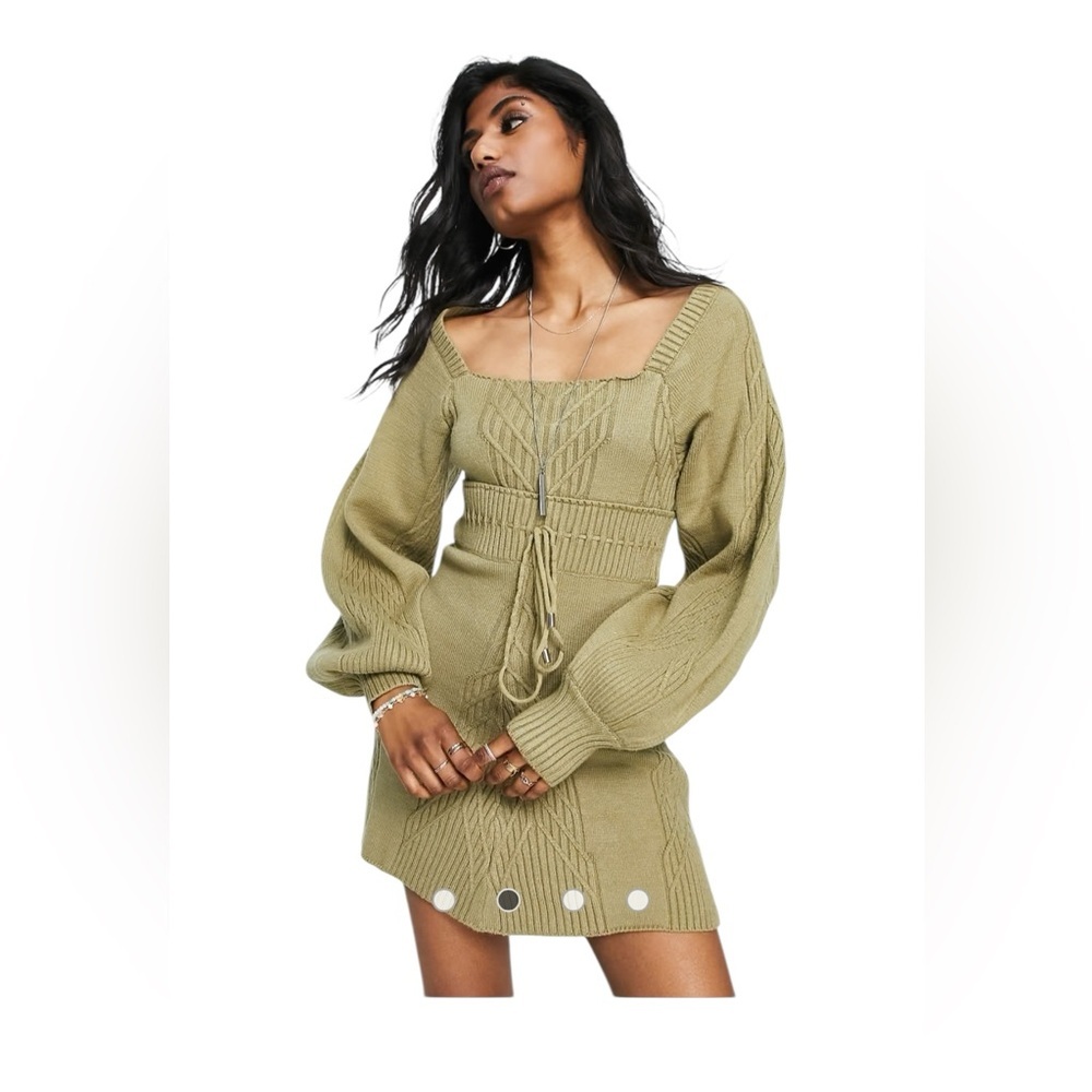 Free People.   Green Bodycon Sweater Dress with Bishop Sleeves. - Picture 3 of 13
